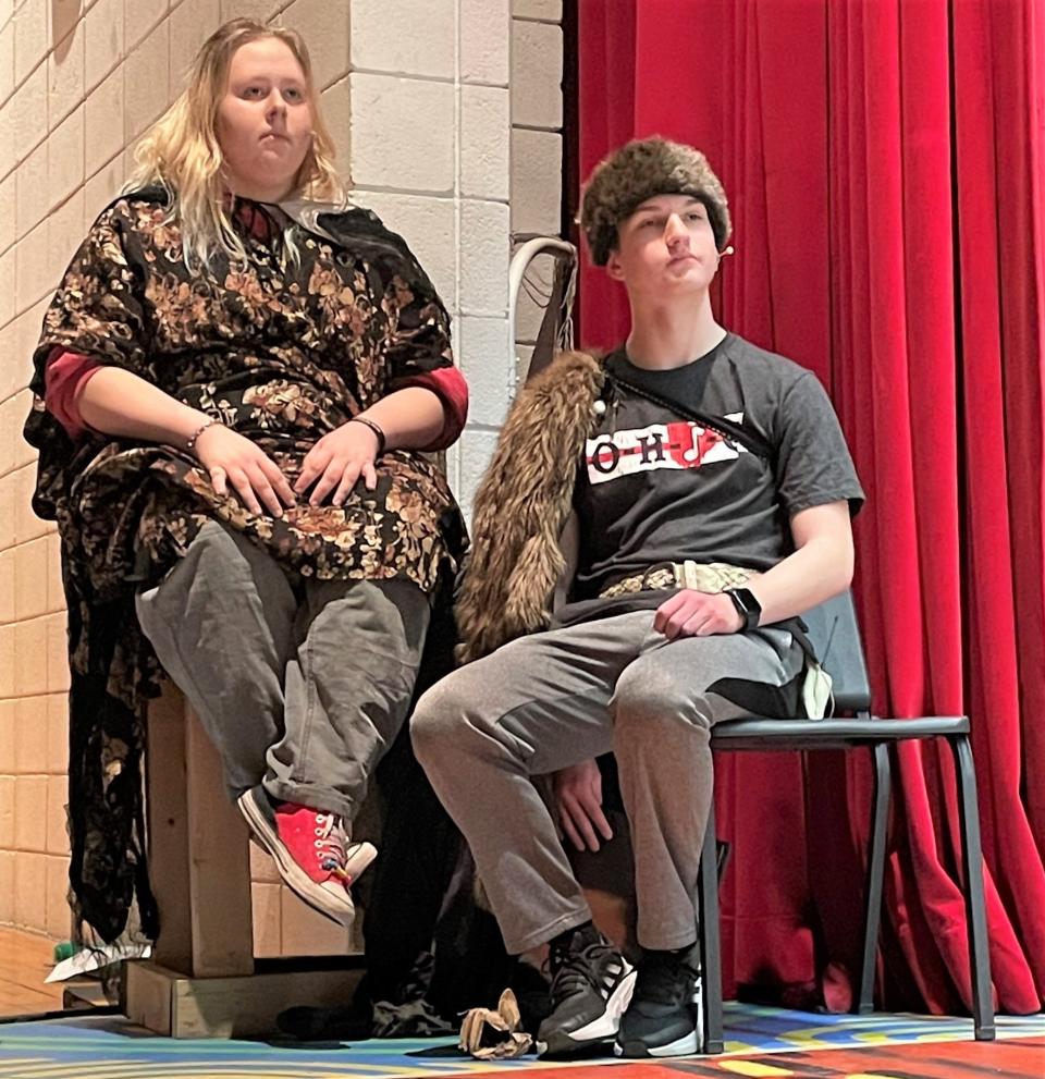 Taylor Kiefer and John Stamper play narrators for "Gretel! The Musical" opening at Coshocton High School.