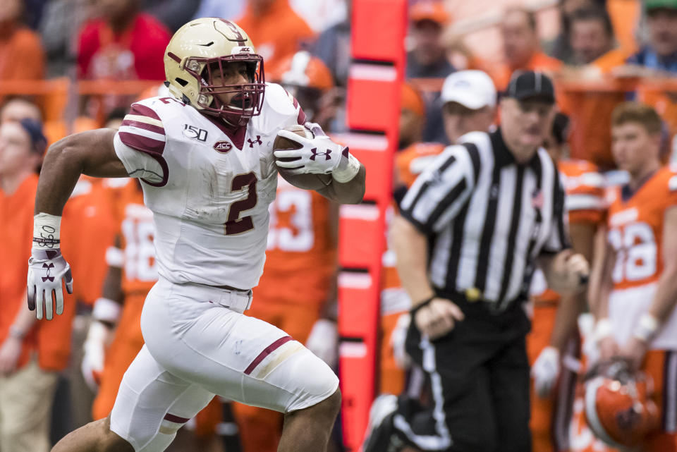 AJ Dillon of the Boston College Eagles might be the one 2020 NFL draft runner who compares to Derrick Henry. (Photo by Brett Carlsen/Getty Images)