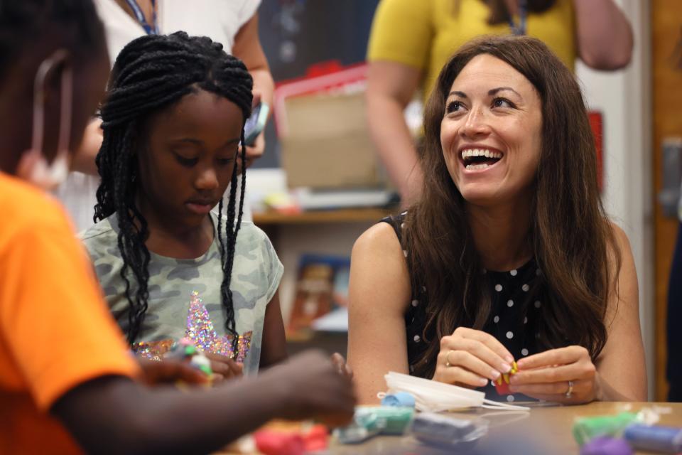 Tennessee Commissioner of Education Penny Schwinn interacts with children at Georgian Hills Achievement Elementary School on Monday, June 13, 2022. 