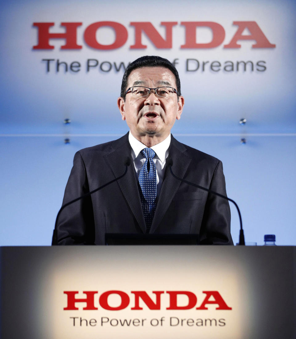 Honda's President and CEO Takahiro Hachigo speaks during a press conference in Tokyo Tuesday, Feb. 19, 2019. Honda Motor Co. plans to close its car factory in western England in 2021, the company said Tuesday, in a fresh blow to the British economy as it faces its March 29 exit from the European Union. (Yuya Shino/Kyodo News via AP)