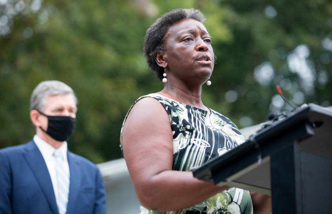 Community School for People Under Six director Anna Mercer-McLean speaks during a press conference at the school in Carrboro, N.C. alongside Gov. Roy Cooper on Thursday, Oct. 7, 2021.