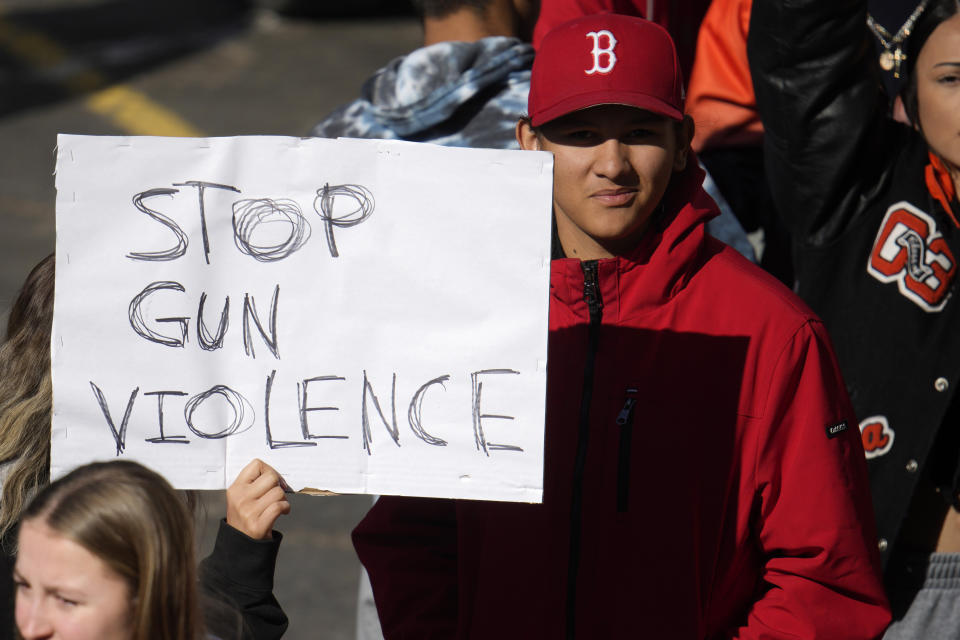 Students from East High School and West High School call for gun control measures to be considered by state lawmakers Thursday, March 23, 2023, during a rally outside the State Capitol in Denver. A shooting left two administrators injured at East High School on Wednesday, one of a series of gun-related events at the school in the past six weeks. (AP Photo/David Zalubowski)