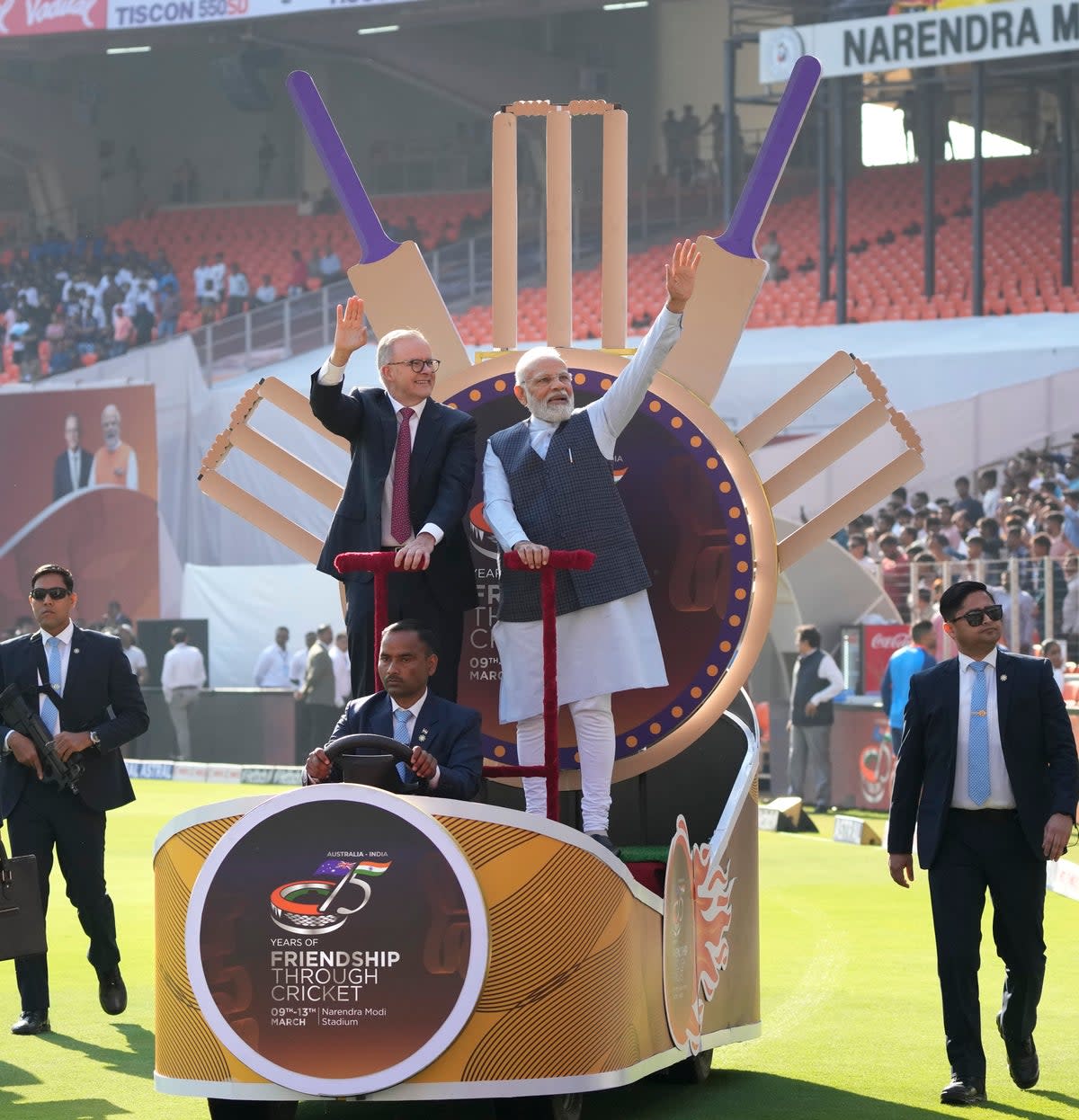 Modi with his Australian counterpart Anthony Albanese wave as they arrive in the stadium to watch fourth cricket test match between India and Australia (AP)