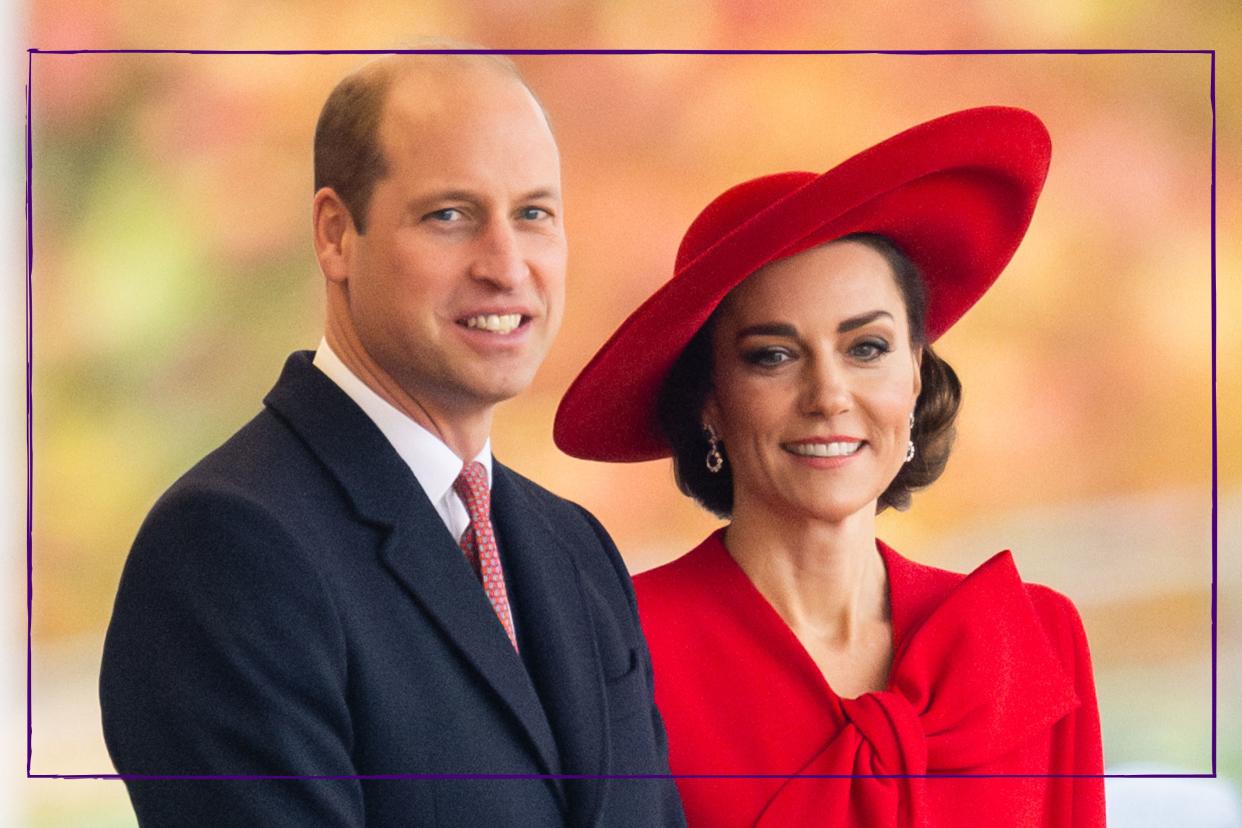  Prince William and Kate Middleton attend a ceremonial welcome for The President and the First Lady of the Republic of Korea at Horse Guards Parade on November 21, 2023 in London. 