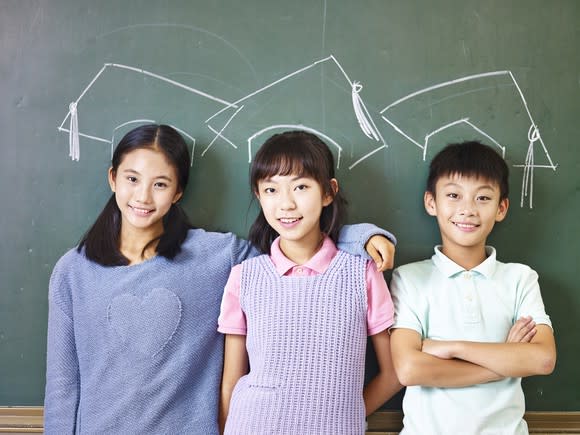 Three Asian elementary school children standing in front of chalkboard underneath chalk-drawn mortarboards