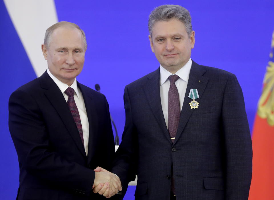 Russian President Vladimir Putin, left, and Nikolai Malinov, chairman of the National Russophile Movement in Bulgaria, attend a ceremony to mark National Unity Day. (Photo: Mikhail Metzel/TASS via Getty Images)