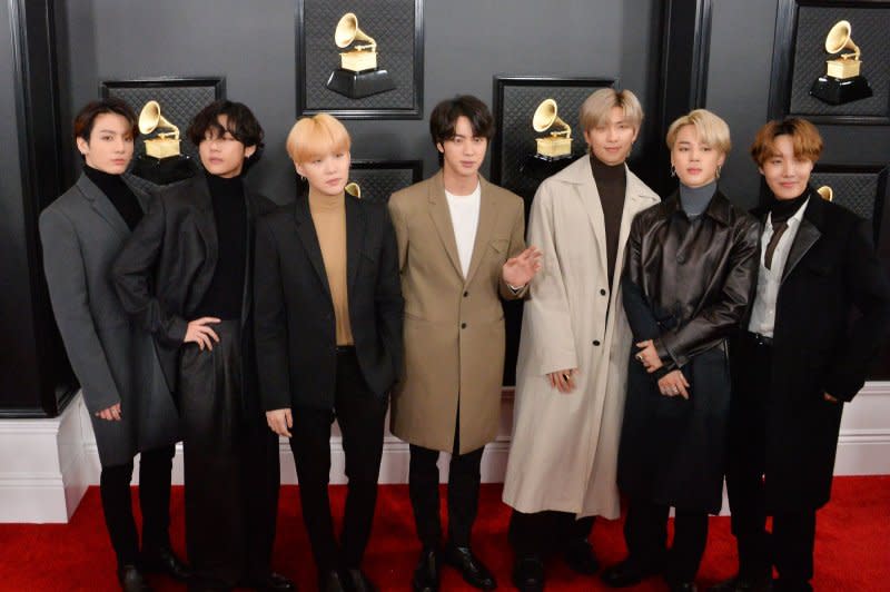 BTS attends the Grammy Awards in 2020. File Photo by Jim Ruymen/UPI