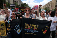 <p>Actress Susan Sarandan holds a banner as immigration activists rally as part of a march calling for “an end to family detention” and in opposition to the immigration policies of the Trump administration, in Washington, D.C., June 28, 2018. (Photo: Jonathan Ernst/Reuters) </p>