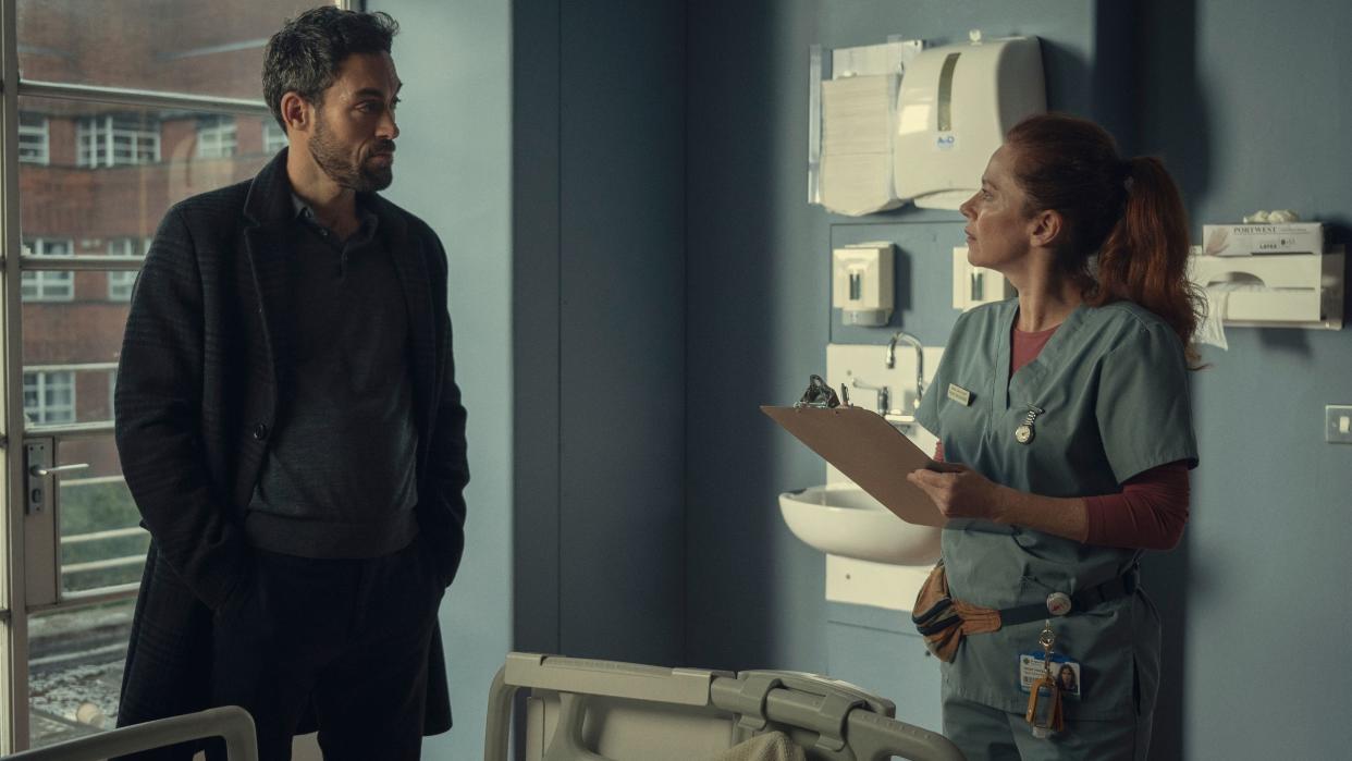  Two members of the Locked In cast: Doctor Lawrence (Alex Hassell) and Nurse Mackenzie (Anna Friel) in a hospital ward in the film. 