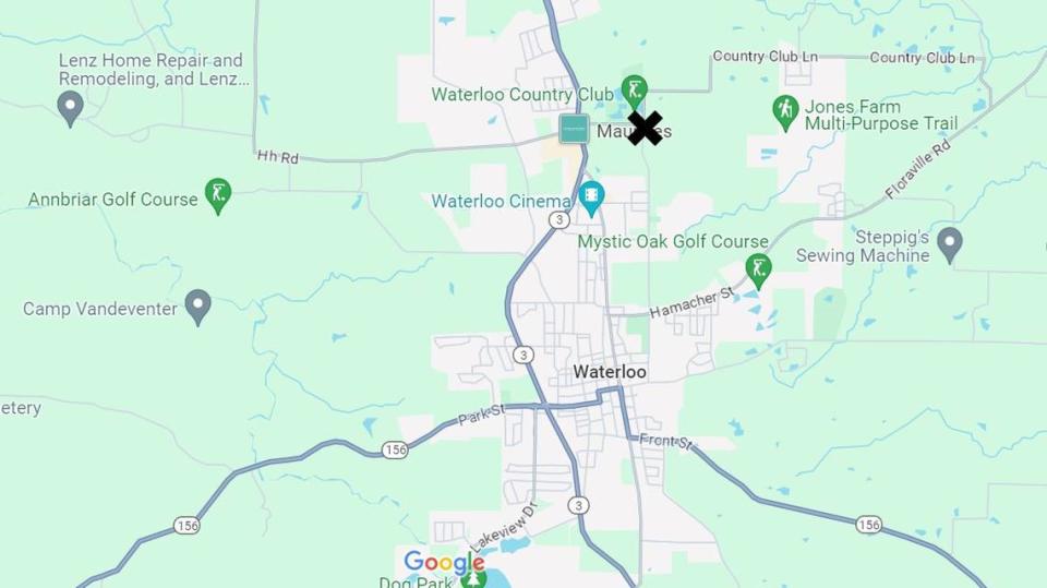 An X marks the location of a barn collapse and fire that killed one man and injured another on Saturday north of Waterloo.