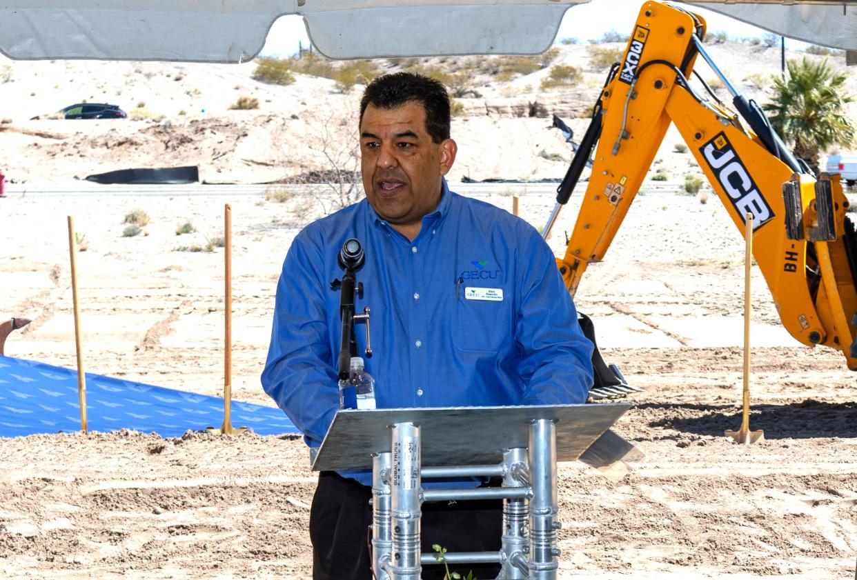 Alex Rascon, GECU chief financial officer, speaks at the April 10 groundbreaking ceremony for construction of the El Paso credit union's first branch outside El Paso.