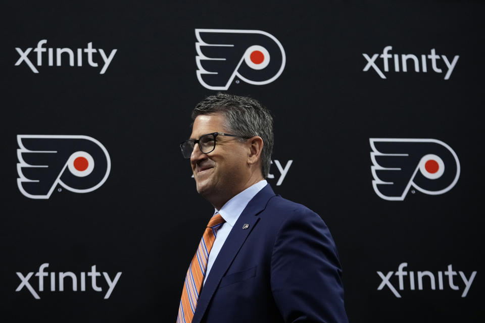 Keith Jones, Philadelphia Flyers President of Hockey Operations, smiles during a news conference at the NHL hockey team's arena, Friday, May 12, 2023, in Philadelphia. (AP Photo/Matt Slocum)