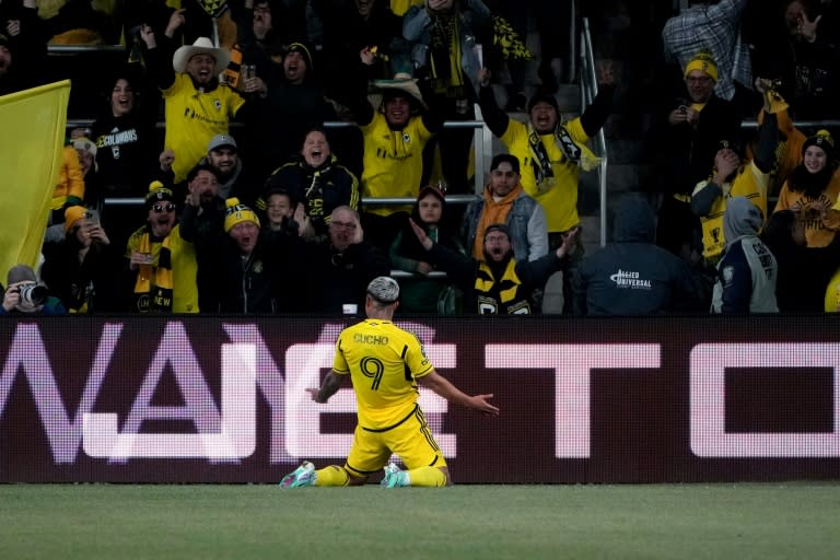 El colombiano Juan 'Camilo' Hernández celebra su gol en el partido del miércoles entre Columbus y Monterrey en la Copa de Campeones de la Concacaf. (Jason Mowry)