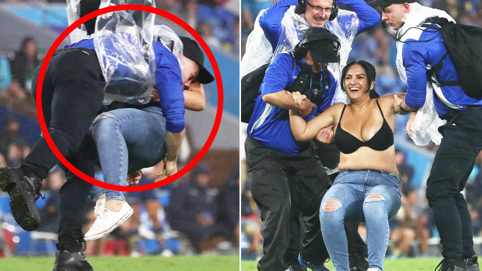 A security guard at Gold Coast's NRL game against Parramatta stopped a streaker with a huge tackle at Cbus Stadium. Pic: AAP