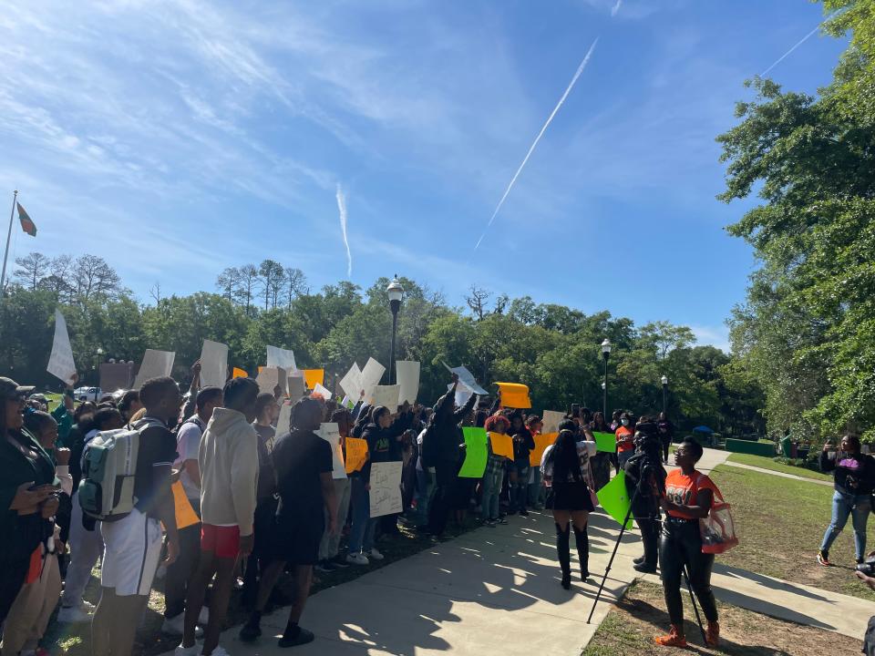 FAMU students protest to fight against HB999 outside of a Florida Board of Governors meeting on campus Wednesday, March 29, 2023.