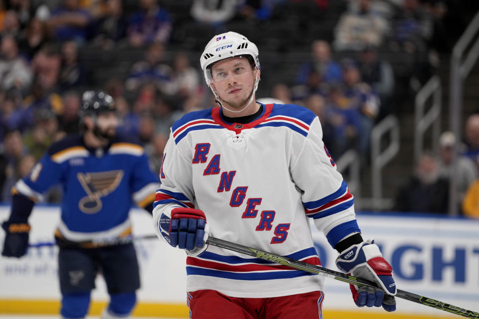 New York Rangers' Vladimir Tarasenko (91) in takes to the ice during the first period of an NHL hockey game against the St. Louis Blues Thursday, April 6, 2023, in St. Louis. (AP Photo/Jeff Roberson)