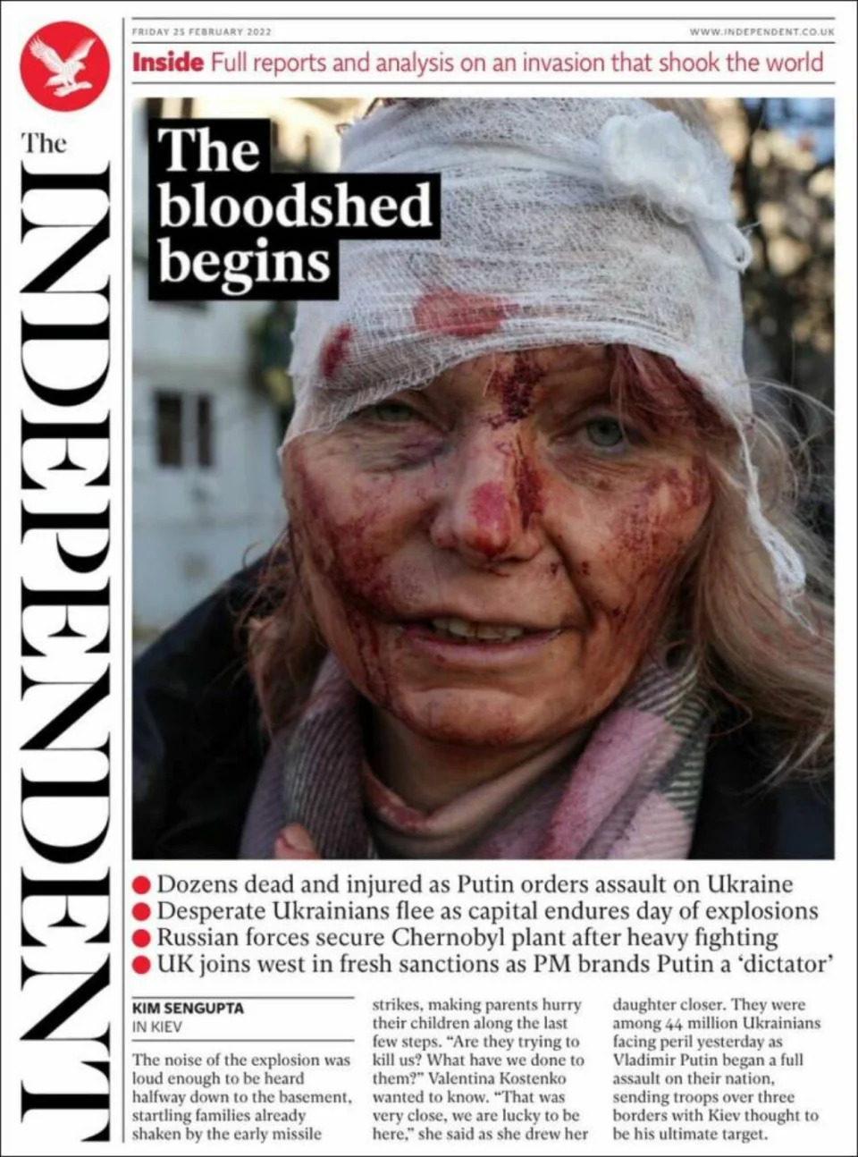 <p>The Independent, conocido entre los británicos como 'The Indie', abre su edición del 25 de febrero con una portada a tres columnas y el titular "El derramamiento de sangre ha comenzado". La mencionada fotografía, por otra parte, ocupa casi toda la página de esta publicación. Fue tomada en un complejo de apartamentos de Chuguev, óblast de Járkov, por Wolfgang Schwan. (Foto: <a href="https://www.independentespanol.com/?utm_source=redirect" rel="nofollow noopener" target="_blank" data-ylk="slk:The Independent" class="link ">The Independent</a>)</p> 