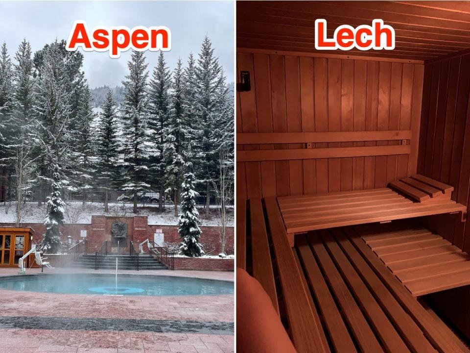 Both of the Aspen hotel Monica stayed in had hot tubs whereas Maria's hotel had a sauna.