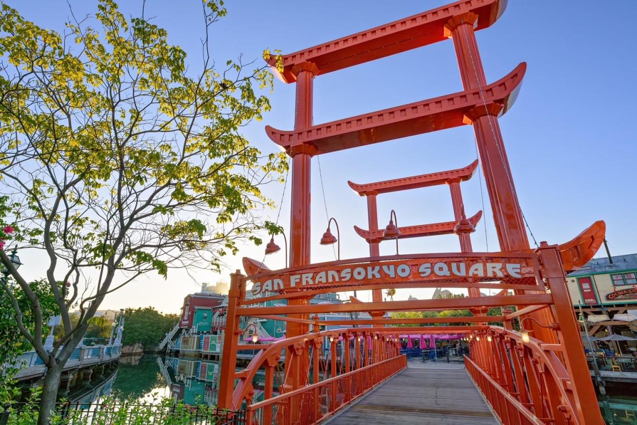 The San Fransokyo Gate Bridge, an iconic landmark in San Fransokyo Square at Disney California Adventure Park in Anaheim, Calif., spans the tide pools linking San Fransokyo Square to the Paradise Gardens Park obelisk. (Richard Harbaugh/Disneyland Resort)