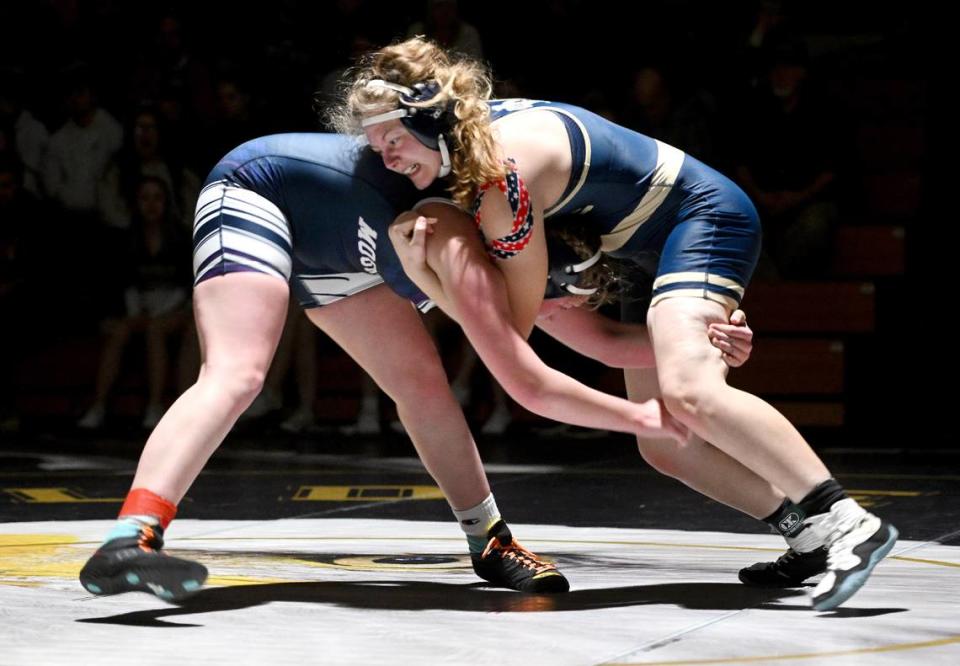 Philipsburg-Osceola’s Daisy Glessner and Bald Eagle Area’s Grace Crestani wrestle in the 170 lb bout of the girls match on Thursday, Jan. 18, 2024.