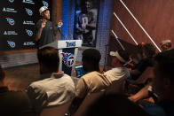 Tennessee Titans wide receiver DeAndre Hopkins responds to questions from reporters at the NFL football team's training facility Tuesday, July 25, 2023, in Nashville, Tenn. (AP Photo/George Walker IV)