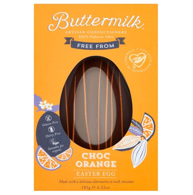 <p>A delicious chocolate alternative egg, free from dairy, gluten and wheat, and flavoured with orange oil. So basically a Terry's chocolate orange, but vegan and shaped like an egg. Yum!<br></p><p>Buttermilk Free From Choc Orange Easter Egg, £6, Sainsbury's</p><p><a class="link " href="https://www.sainsburys.co.uk/shop/ProductDisplay?storeId=10151&productId=1246726&urlRequestType=Base&catalogId=10122&langId=44" rel="nofollow noopener" target="_blank" data-ylk="slk:BUY NOW;elm:context_link;itc:0;sec:content-canvas">BUY NOW</a><br></p>