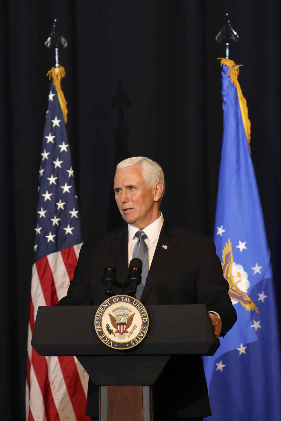 Vice President Mike Pence speaks during a memorial service for the late Air Force Brig. Gen. Chuck Yeager in Charleston, W.Va., on Friday, Jan. 15, 2021. Yeager died last month at age 97. The West Virginia native in 1947 became the first person to fly faster than sound. (AP Photo/Chris Jackson)