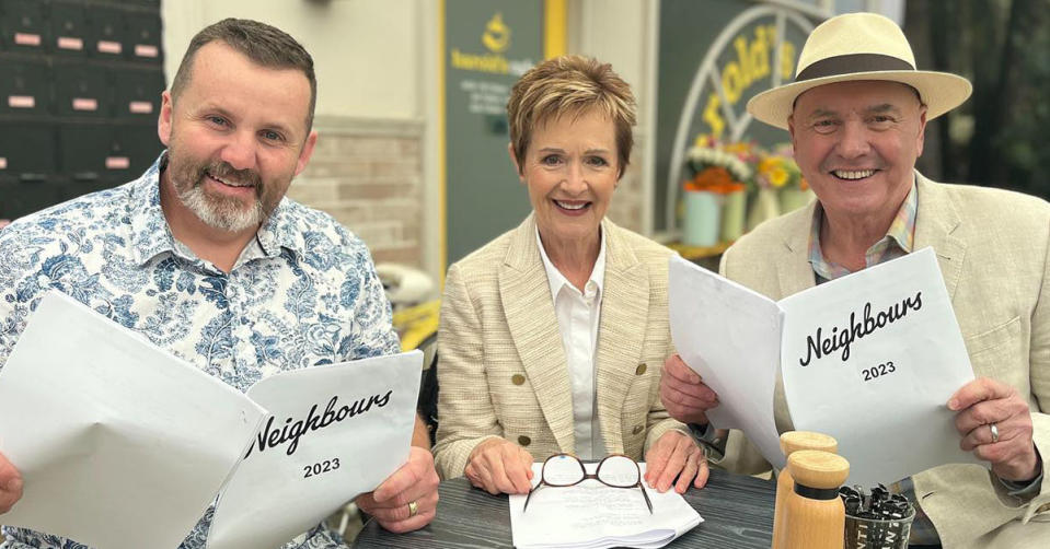 Neighbours stars Ryan Moloney, Jackie Woodburn and Alan Fletcher hold 2023 scripts