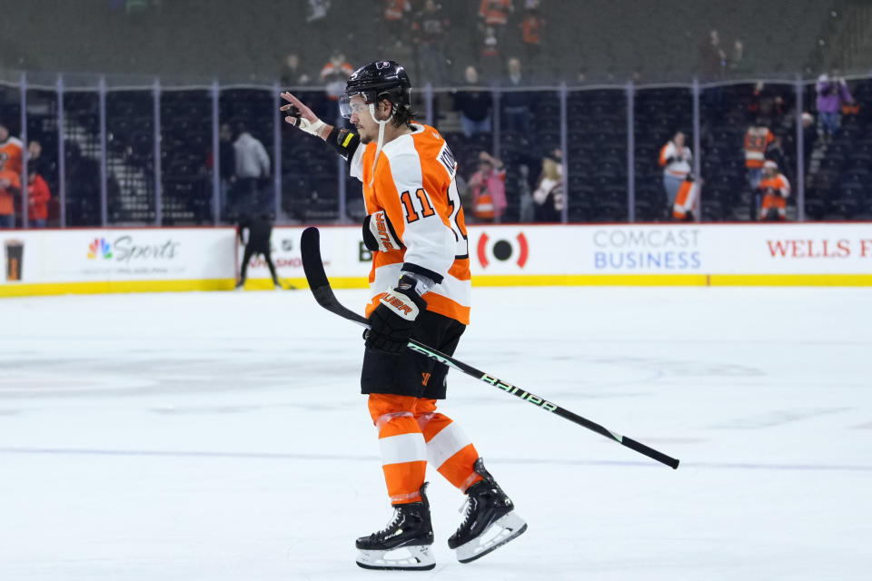 Philadelphia Flyers' Travis Konecny reacts after an NHL hockey game against the Columbus Blue Jackets, Tuesday, Dec. 20, 2022, in Philadelphia. (AP Photo/Matt Slocum)