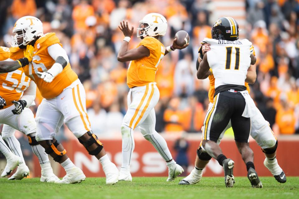 Tennessee quarterback Hendon Hooker (5) throws a pass during a game between Tennessee and Missouri in Neyland Stadium, Saturday, Nov. 12, 2022.