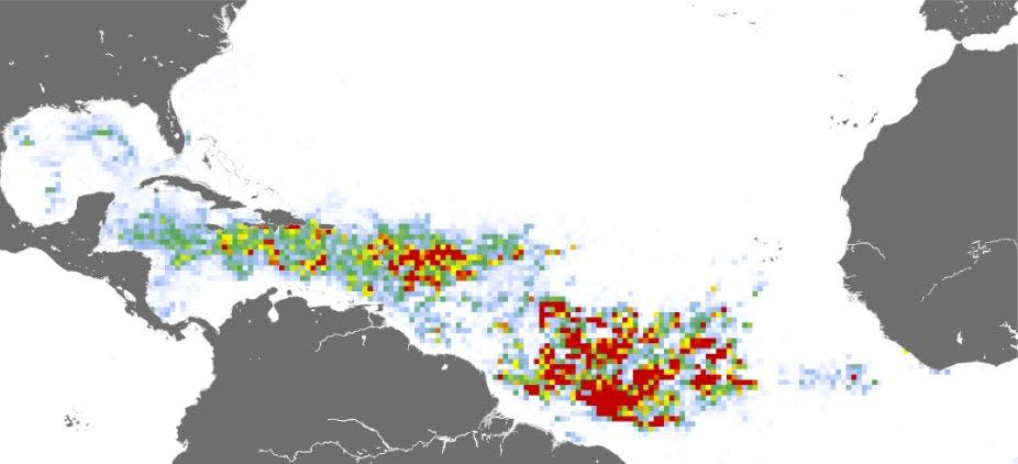 April 2023 satellite image of sargassum in the tropical Atlantic. The darker red and orange colors indicate heavier densities.