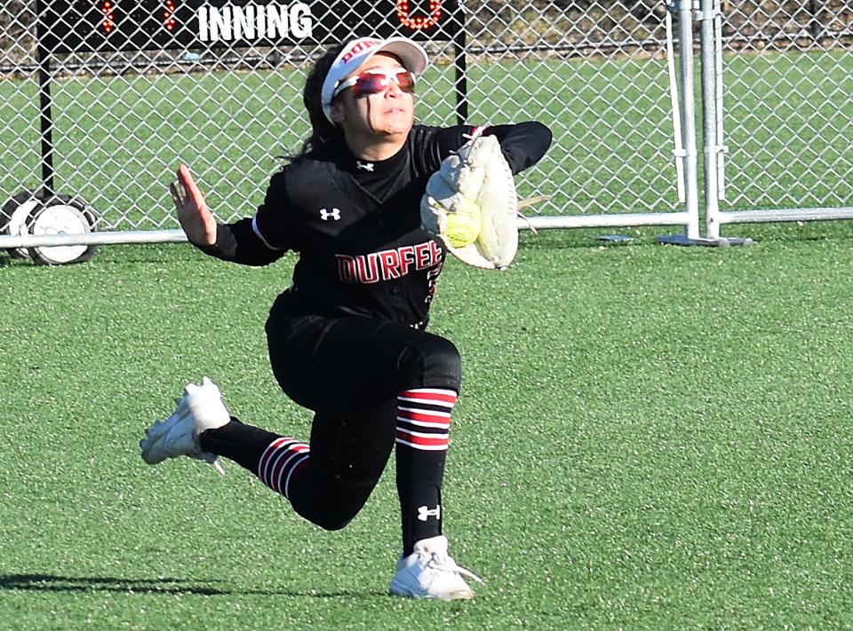 Durfee centerfielder Rachael Silva makes the running grab of a line drive.