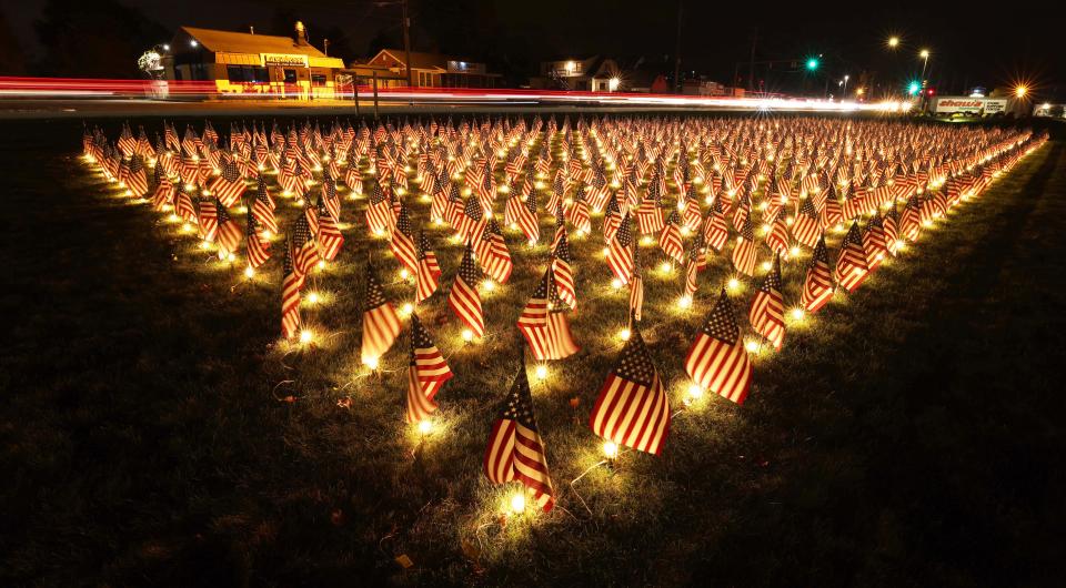 Field of Flags at Shaw's Supermarket Store Support Center, 750 West Center Street in West Bridgewater on Monday, Nov. 7, 2023.