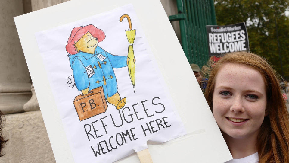 One of thousands of people who took part in a pro-refugee protest in London in 2017 (Getty)