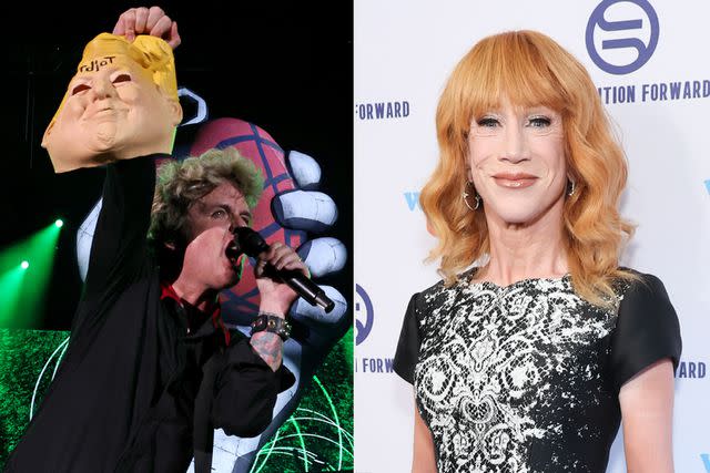 <p>Kevin Mazur/Getty; Amy Sussman/Getty </p> Billie Joe Armstrong of Green Day holds Donald Trump mask; Kathy Griffin