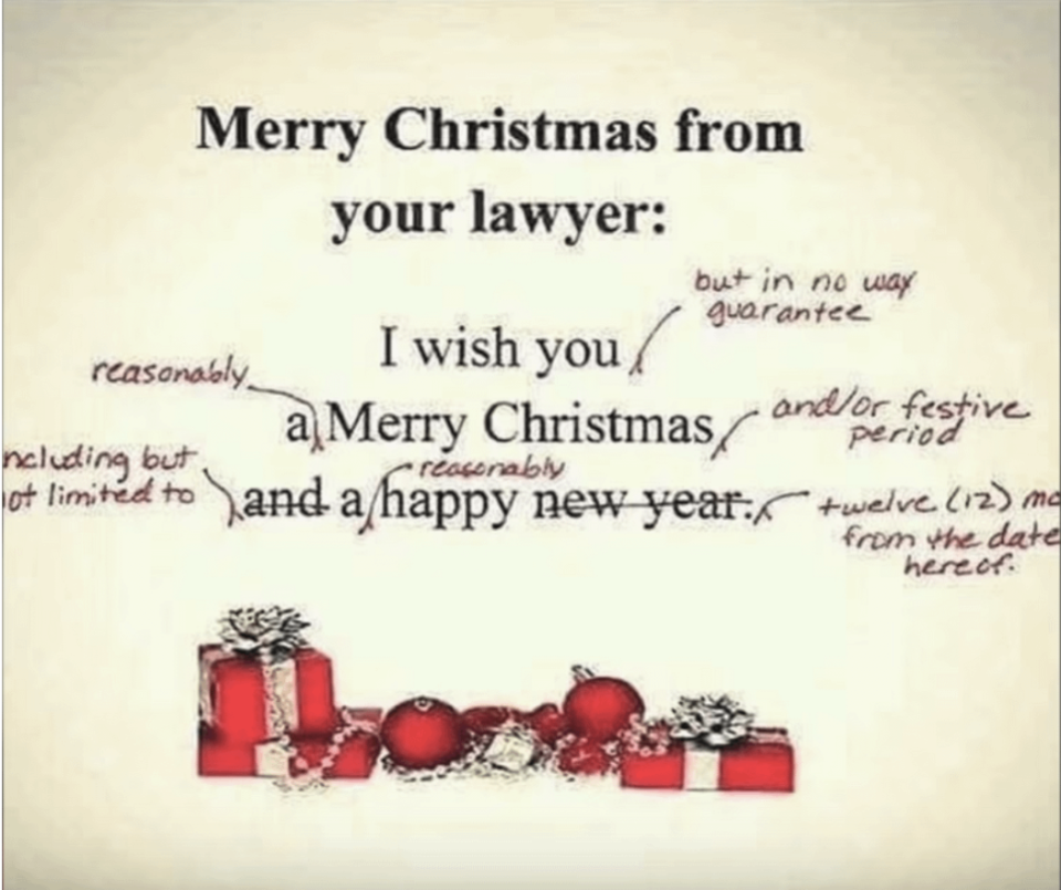 The card says "merry Christmas from your lawyer, I wish you a merry Christmas and a happy new year" but with several words crossed out and replaced with legal-sounding jargon