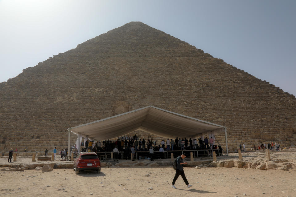 A general view during the press conference in front of King Khufu's pyramid on March 2, 2023 in Giza, Egypt. / Credit: Fadel Dawod/Getty