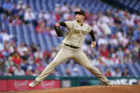 San Diego Padres' Blake Snell pitches during the second inning of a baseball game against the Philadelphia Phillies, Wednesday, May 18, 2022, in Philadelphia. (AP Photo/Matt Slocum)