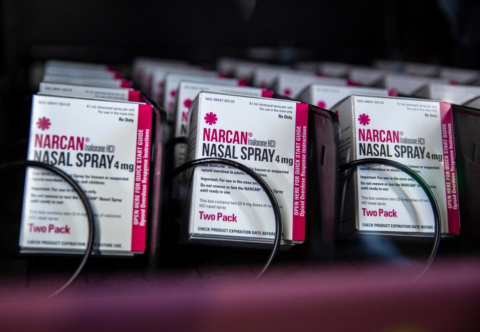 Narcan nasal spray kits are seen available for free in a harm reduction vending machine at Hunters in Palm Springs, Calif., Thursday, Sept. 14, 2023.