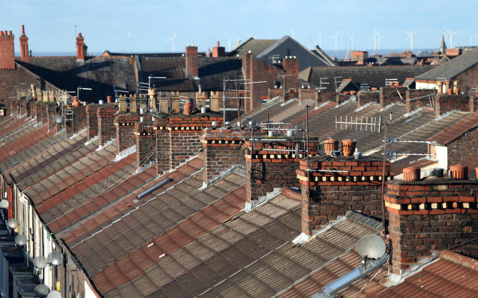 Terraced houses and rooftops in Everton, Liverpool, Merseyside.