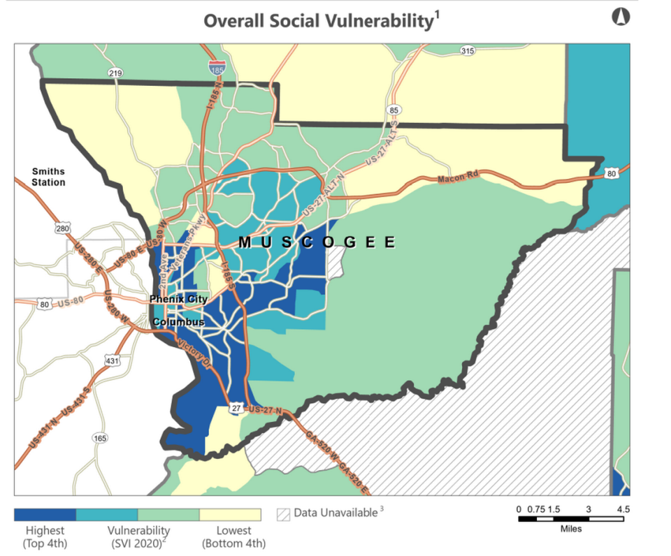 The CDC social vulnerability index depicting social vulnerability at census level. There are seven in Muscogee County with very high vulnerability