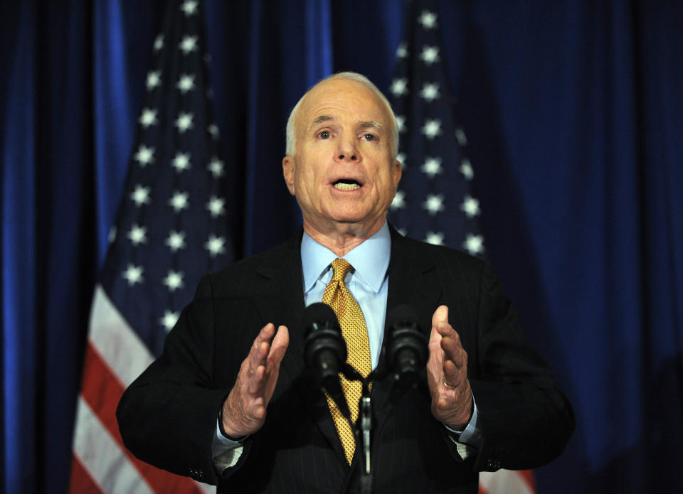 Republican presidential nominee John McCain speaks about the financial crisis on Sept. 24, 2008. McCain said he was suspending his campaign and seeking a postponement of the presidential debate to deal with the crisis. (Photo: Mandel Ngan/AFP/Getty Images)