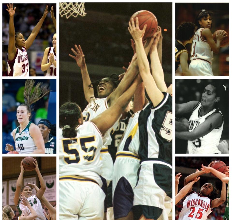 Wisconsin-tied basketball players to get a look in the WNBA include (clockwise from upper left) Rosalind Ross, Jerica Watson, Robin Threatt-Elliott, Angela Jackson, LaTonya Sims, Chandra Johnson and Mehryn Kraker.