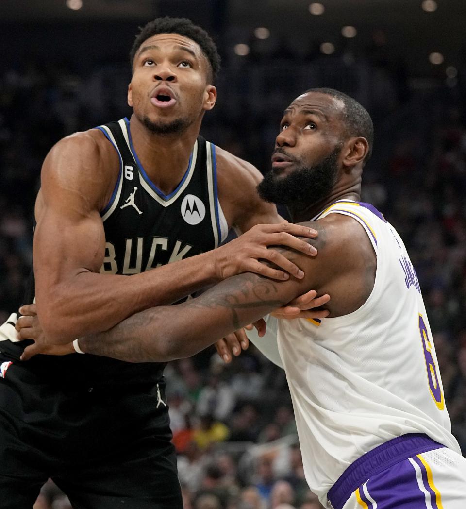 Milwaukee Bucks forward Giannis Antetokounmpo (34) and Los Angeles Lakers forward LeBron James (6) are the captains for the NBA All-Star Game on Sunday.