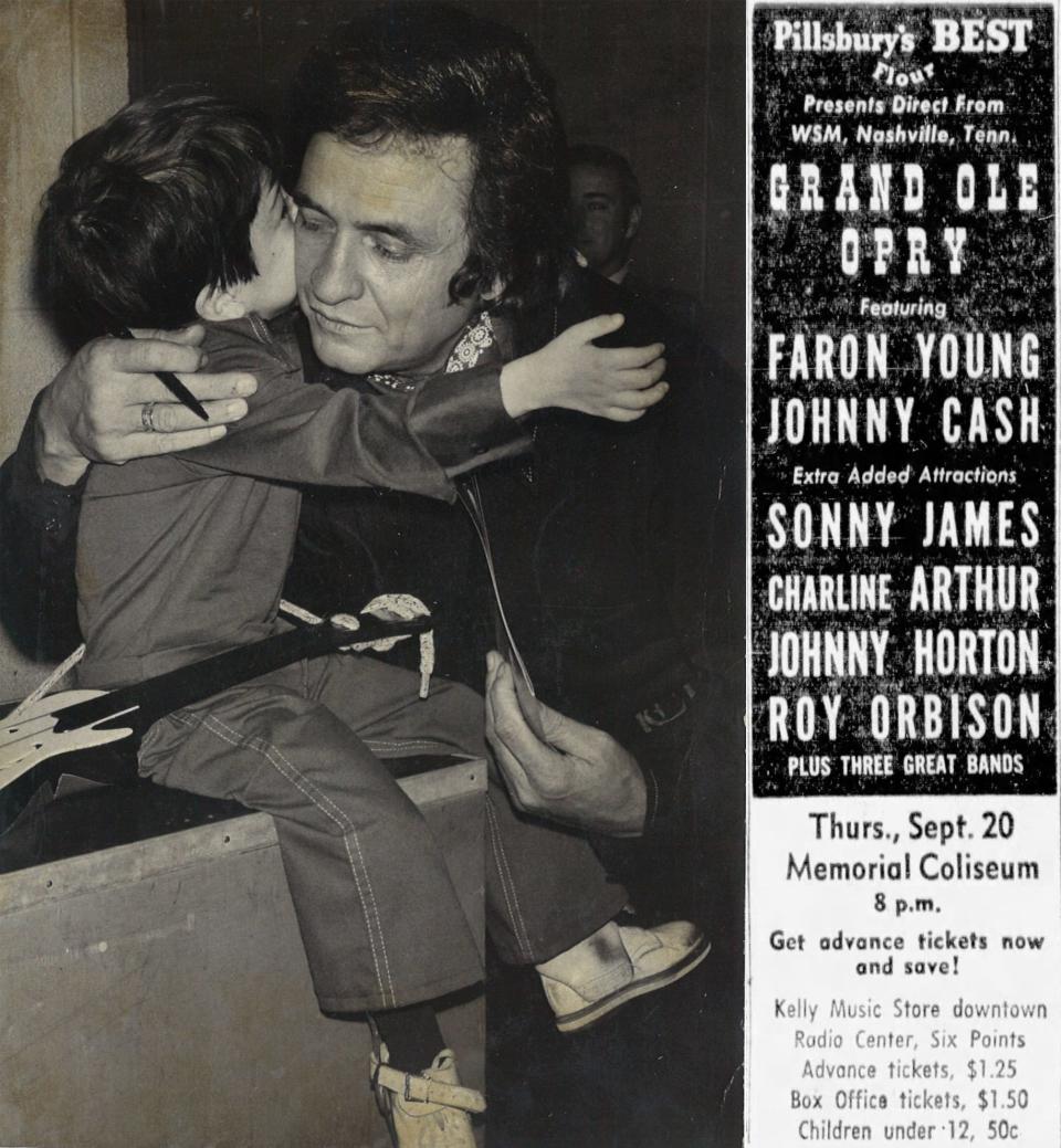 LEFT: Johnny Cash hugs young fan Ashley Garbe before his Corpus Christi concert at Memorial Coliseum on March 28, 1974. RIGHT: An ad for the Grand Ole Opry concert featuring Faron Young and Johnny Cash from the Sept. 18, 1956 Corpus Christi Caller-Times.