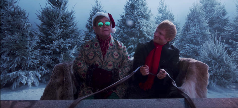 Elton John and Ed Sheeran go on a sleigh ride in their 
