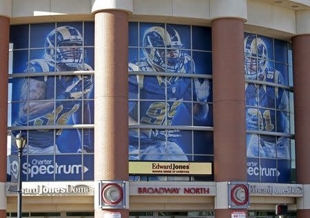 St Louis Rams imagery is seen on windows at the Edward Jones Dome in St Louis, Missouri in a January 13, 2016 file photo. REUTERS/Tom Gannam/Files