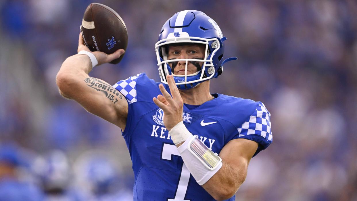 The draft stock of Kentucky quarterback Will Levis has risen quite a bit in recent months. (AP Photo/John Amis)