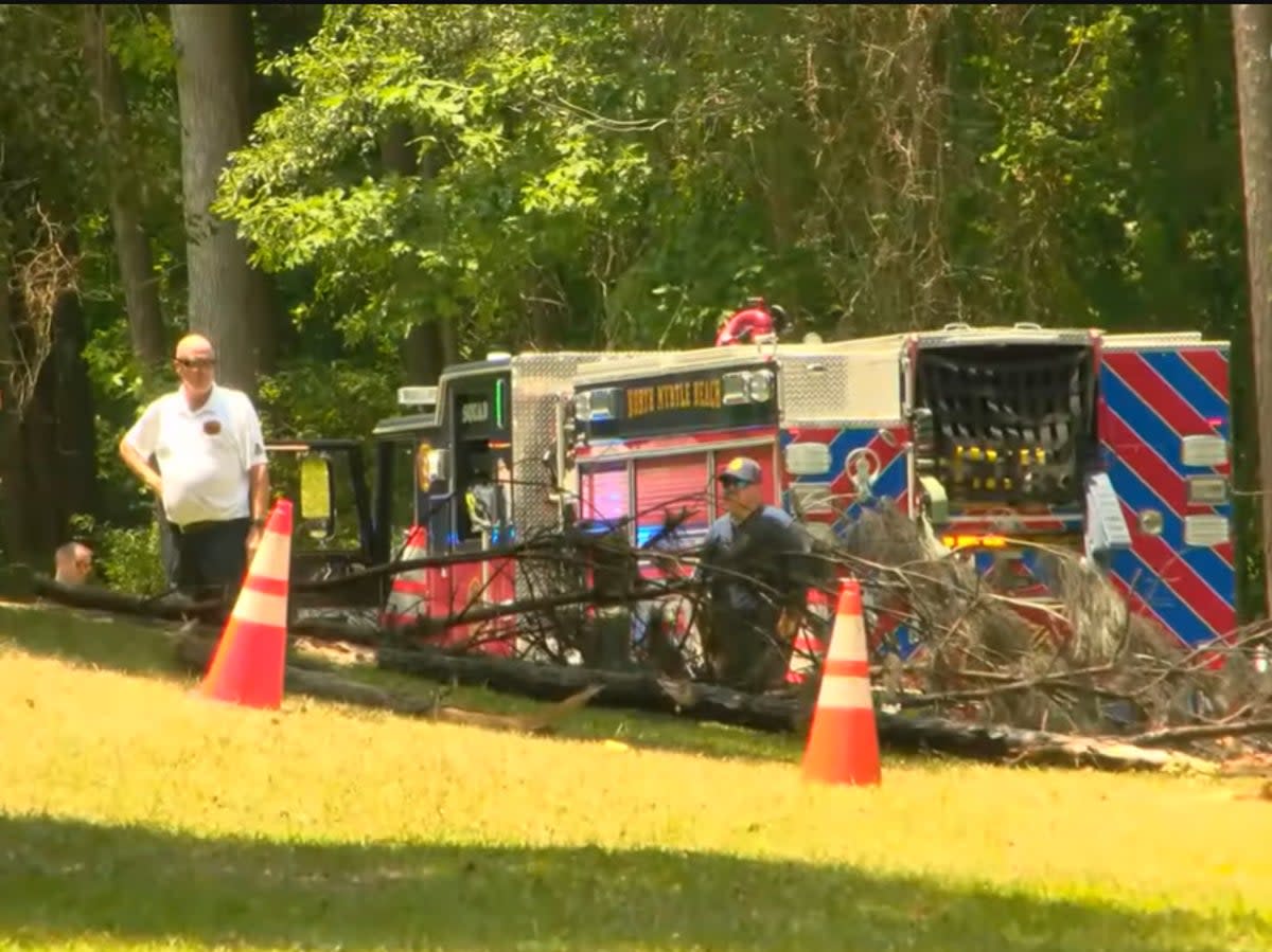 Police at the site of crash along Pete Dye Drive just off Gray Heron Road in South Carolina’s North Myrtle Beach. Screengrab (WCNC / YouTube)