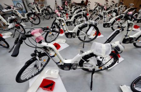 Alpha bikes, first industrialised bicycle to use a hydrogen fuel cell, are displayed at the Pragma Industries factory in Biarritz, France, January 15, 2018. REUTERS/Regis Duvignau